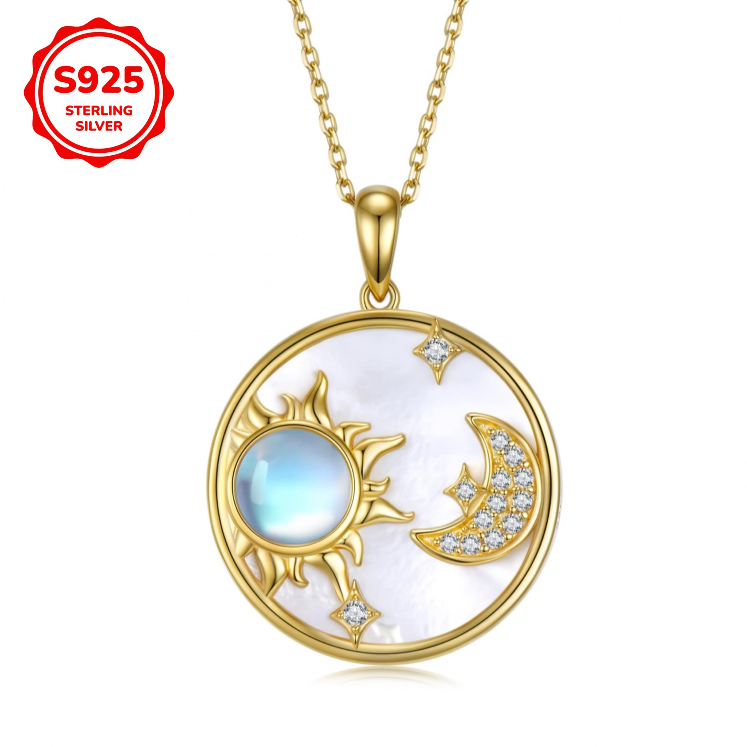 Women's S925 Pendant Necklace with Moonstone Inlaid Shell Sun Moon Star Pendant